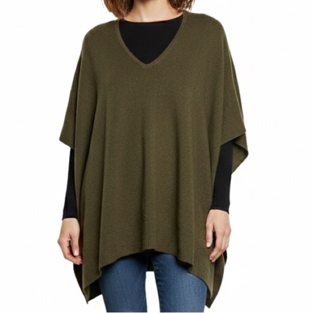 Nordstrom Women's Poncho Sweater One Size Olive Green Cashmere Wool V-Neck FLAW